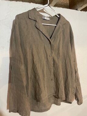 Zara Olive-Taupe Linen Button-Front Shirt